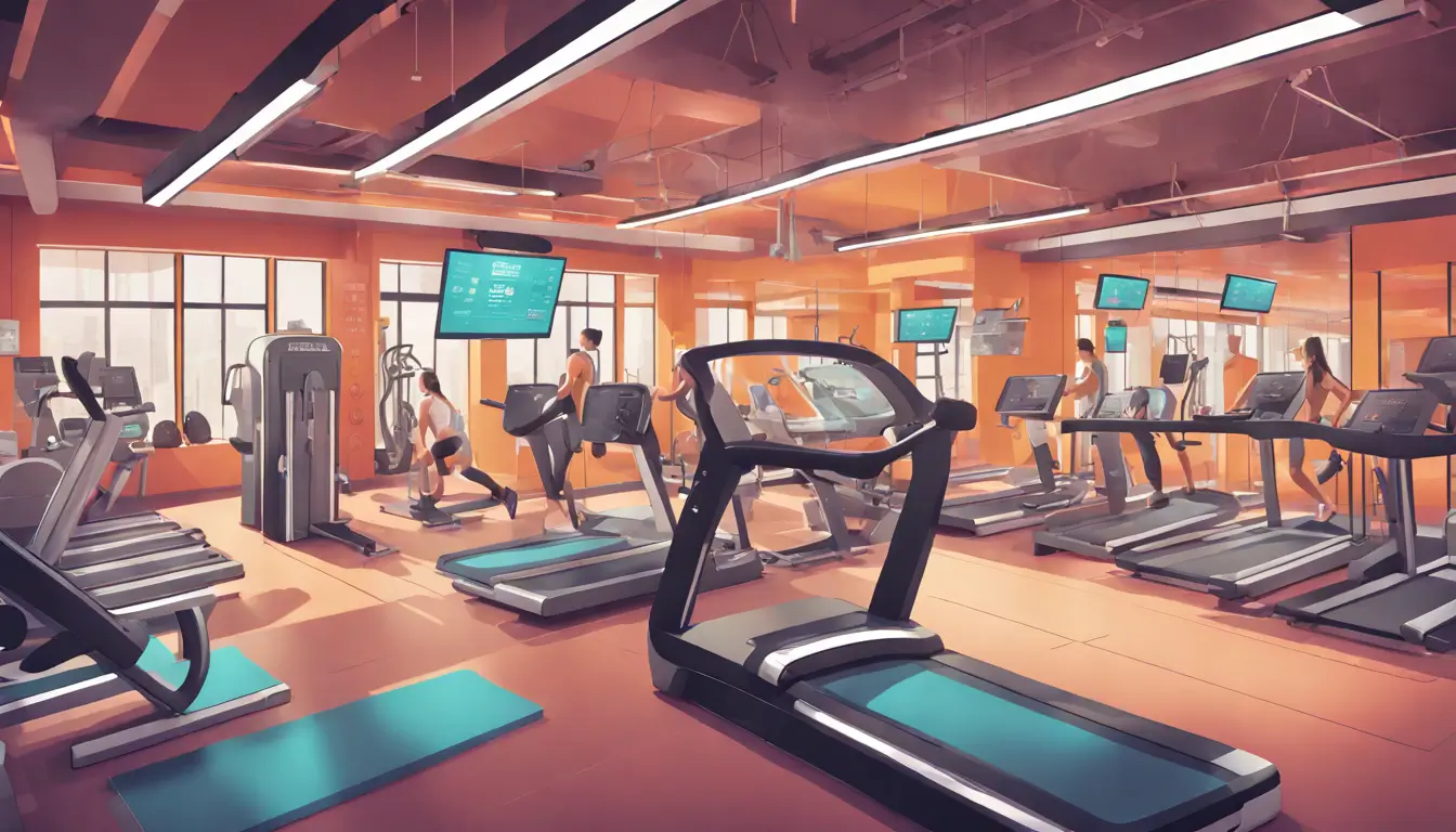 Interior of a modern gym with dynamic digital signage showing health tips and diverse people exercising, highlighting the transformation by EasyTV.