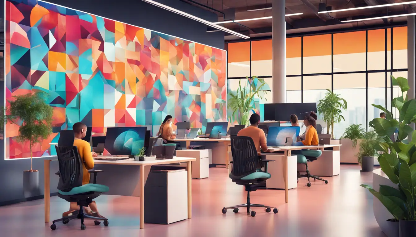 Office with digital signage display showing geometric shapes and patterns, people working at desks, with computers and plants in the background.