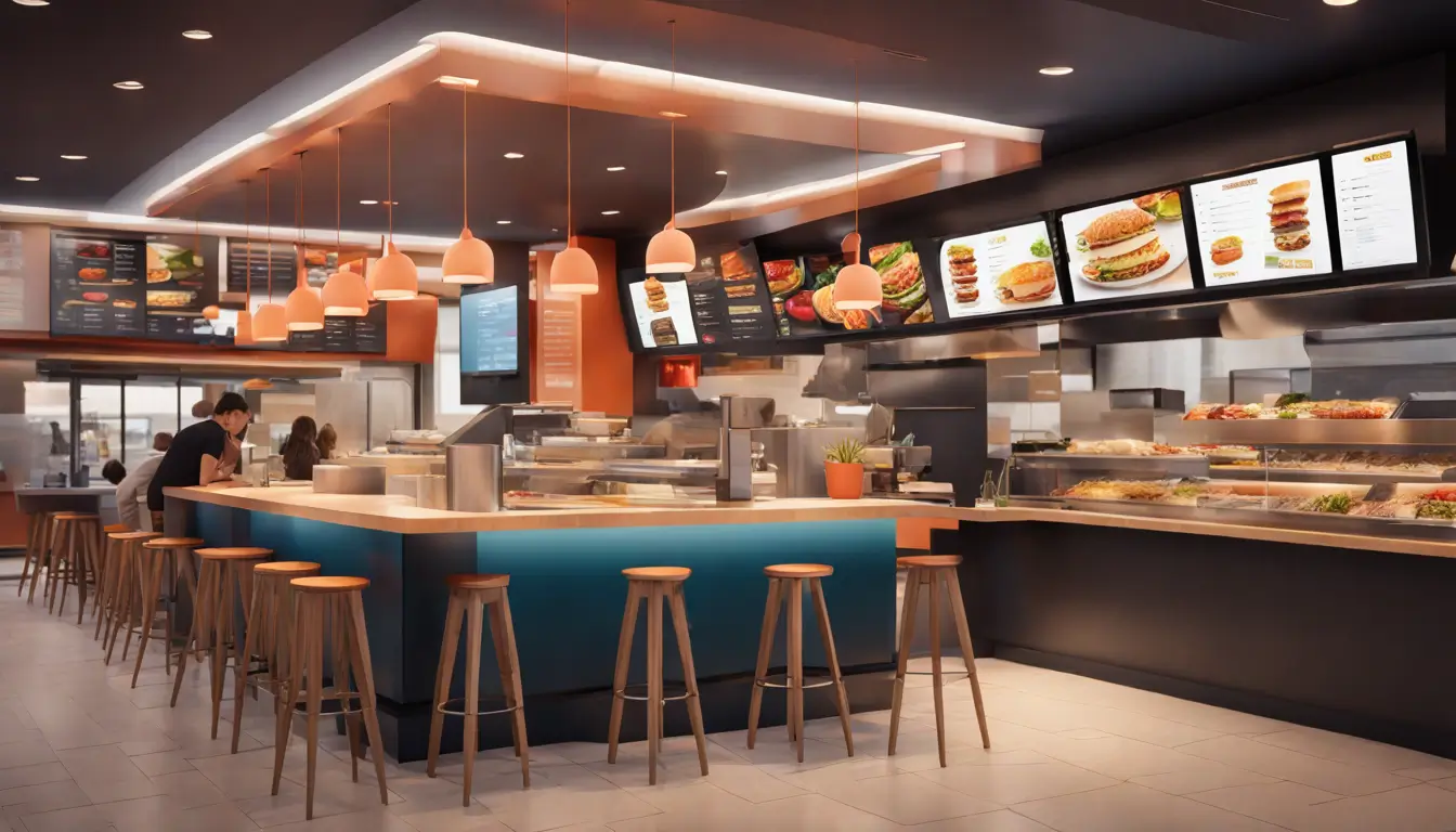 Modern fast-food restaurant with digital menu boards showing colorful food items, enhancing customer experience with a sleek, clean design.