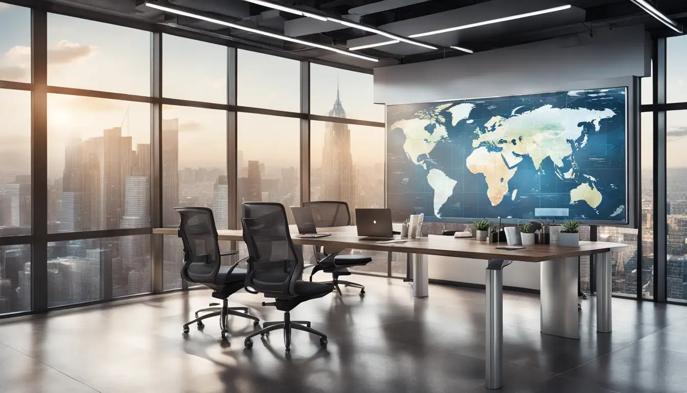 Modern office with digital signage displaying global map, diverse professionals collaborating, and cityscape view, showcasing advanced communication solutions.