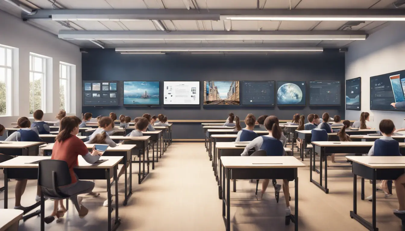 Modern classroom with students and teacher interacting with digital signage and educational content on large screens, enhancing learning experience.