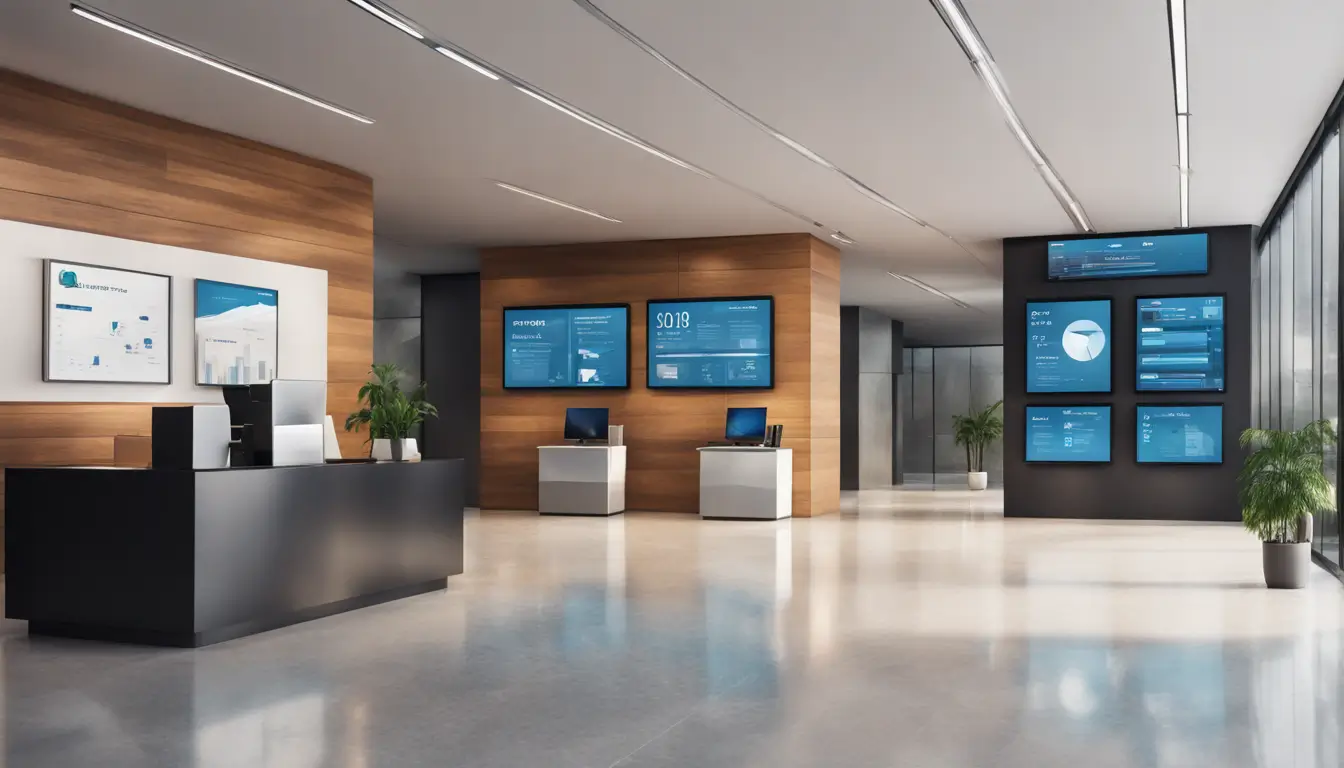 Modern office lobby featuring a large digital signage screen displaying business metrics, with a receptionist desk and people walking by.