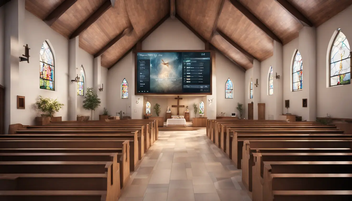 Modern church interior with digital signage screen displaying community events, engaged congregation members, wooden pews, and stained glass windows.