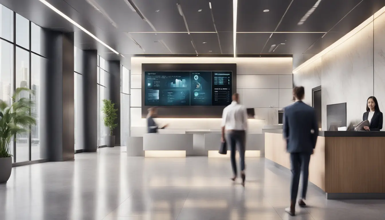 Modern office lobby featuring a sleek digital signage display showing business analytics, with professionals in business attire and a reception desk.