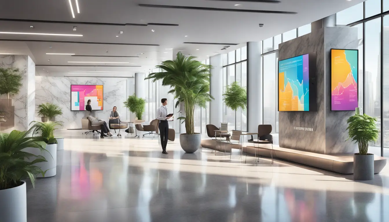 Modern corporate office lobby with digital signage screen showcasing infographics, employees discussing, polished marble floor, plants, and contemporary furniture.