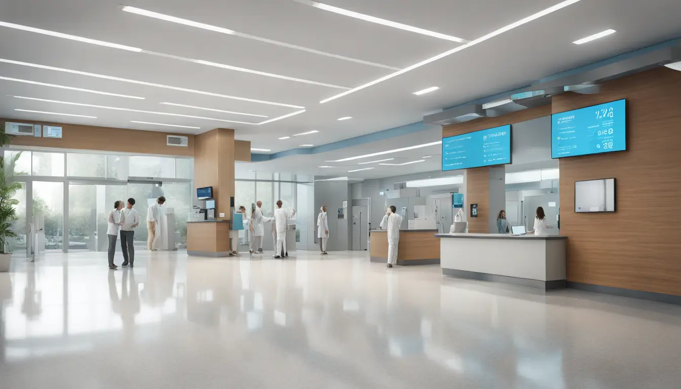 Modern hospital lobby with digital signage displays providing directions, health tips, and announcements, featuring medical staff and patients.