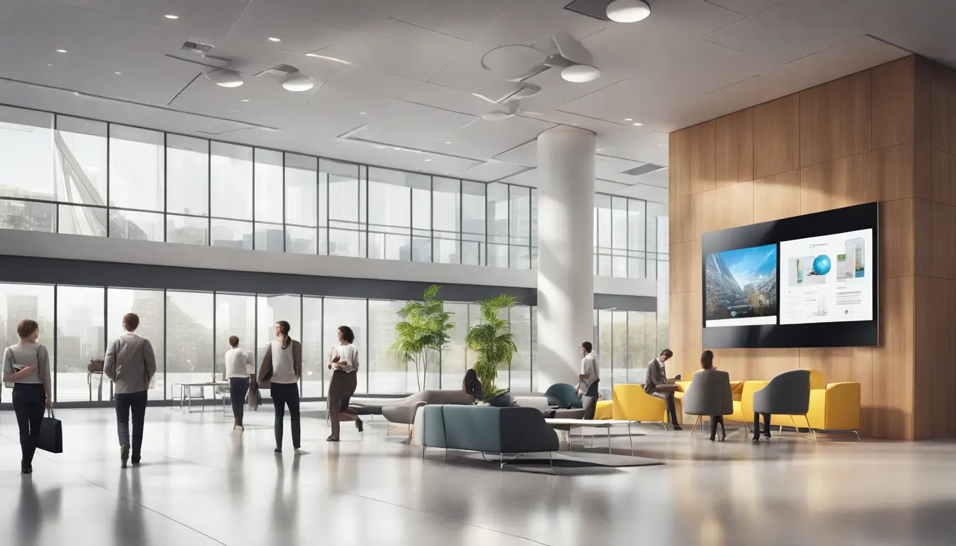 Modern office lobby with advanced digital signage displays, interactive kiosks, and minimalist furniture showcasing the latest trends in digital signage technology.