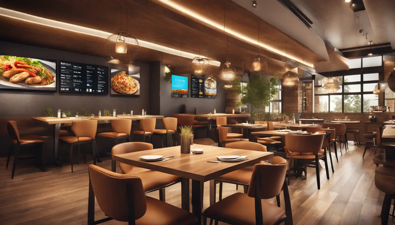 A modern restaurant interior showcasing digital signage screens with food images and offers, enhancing customer engagement.