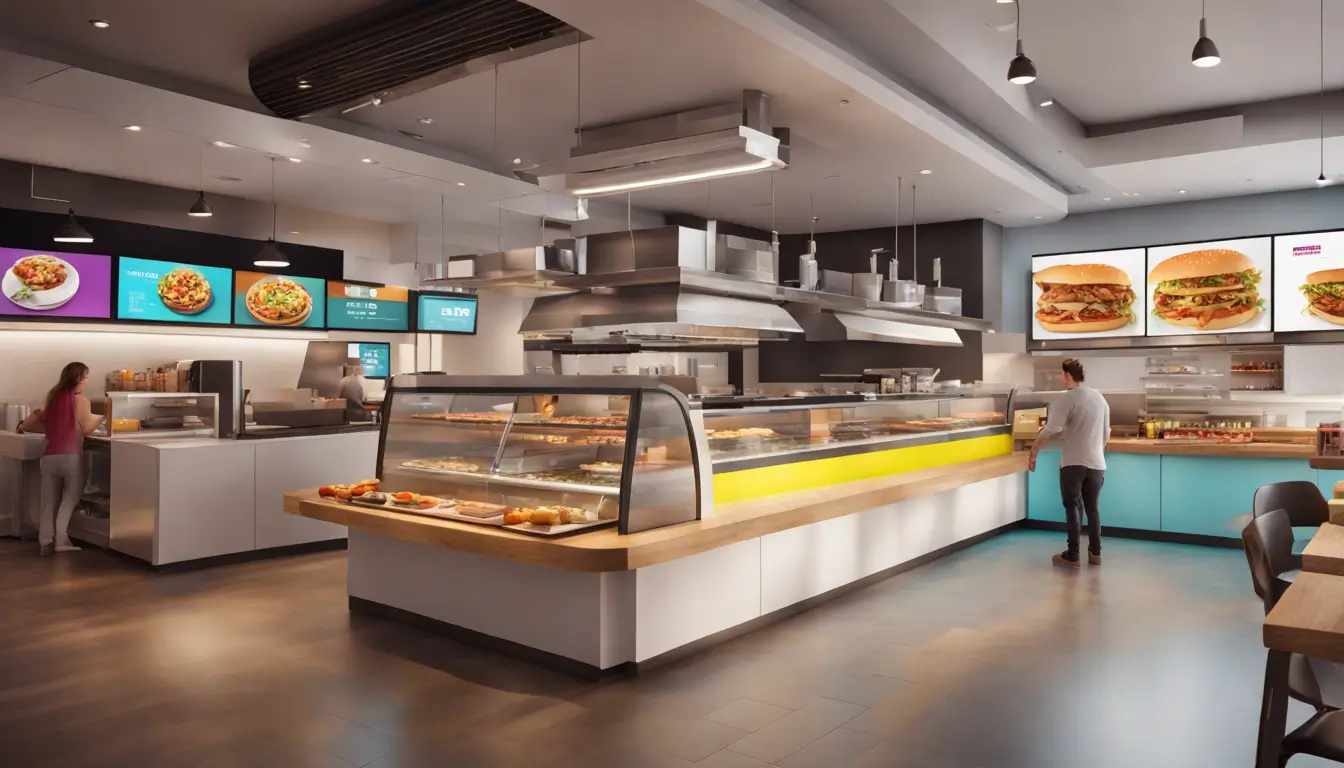 Modern fast food restaurant with digital signage, customers using touchscreen kiosks, and staff preparing food in an open kitchen.