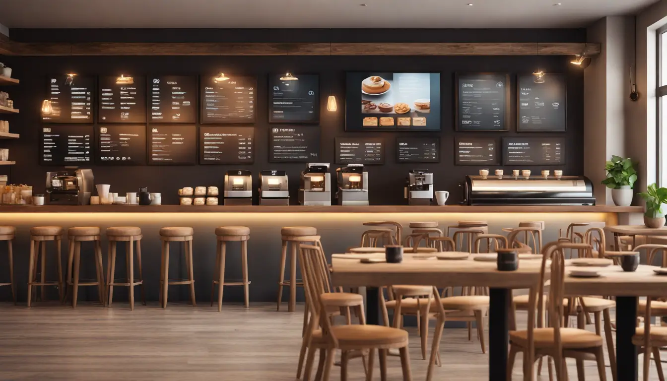 Modern coffee shop interior with digital signage, wooden furniture, patrons, coffee machines, pastries, and warm lighting enhancing atmosphere.