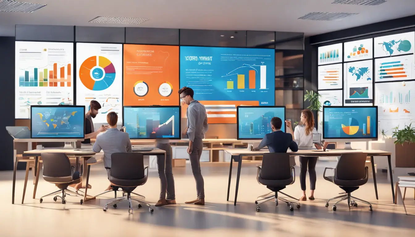 Professionals in a modern office analyzing a vibrant infographic on a large digital signage screen, providing tips for visually impactful content creation.