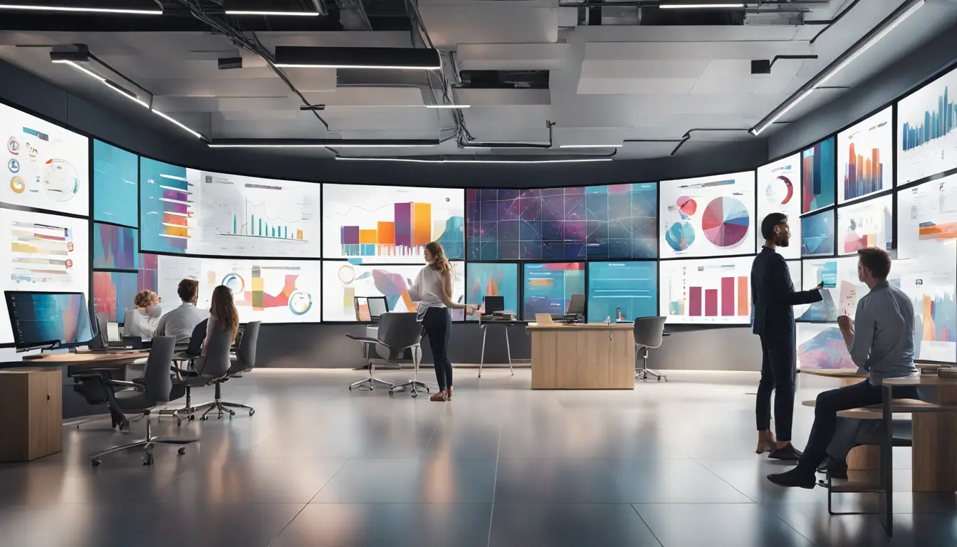 Modern office with digital signage screens displaying graphs and multimedia, professionals discussing strategies by a large interactive display.