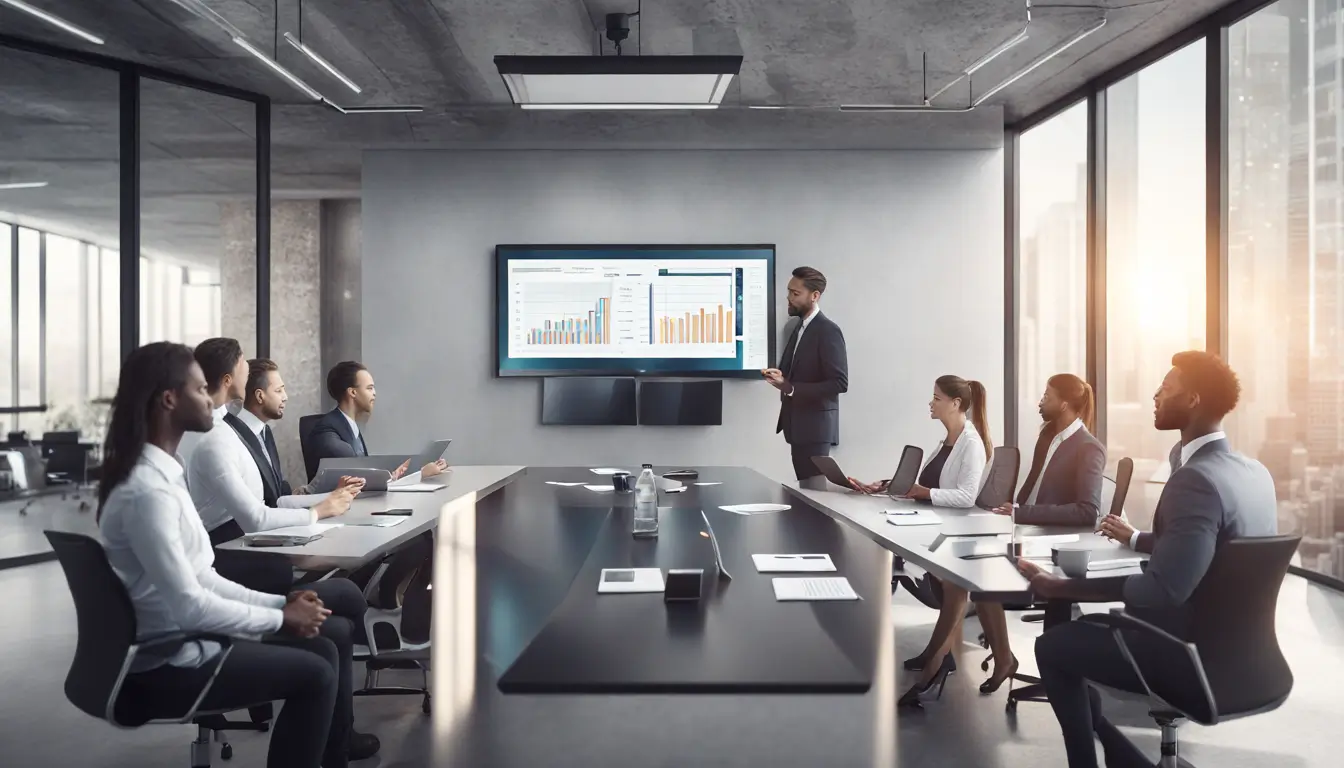 Office conference room with digital signage screen displaying business metrics, professionals discussing at a table with laptops and notepads.