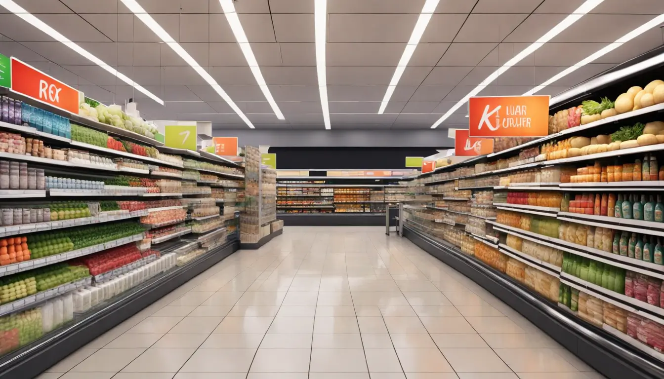 A modern supermarket aisle featuring digital signage displaying vibrant ads on large screens, with stocked shelves and customers shopping with carts.