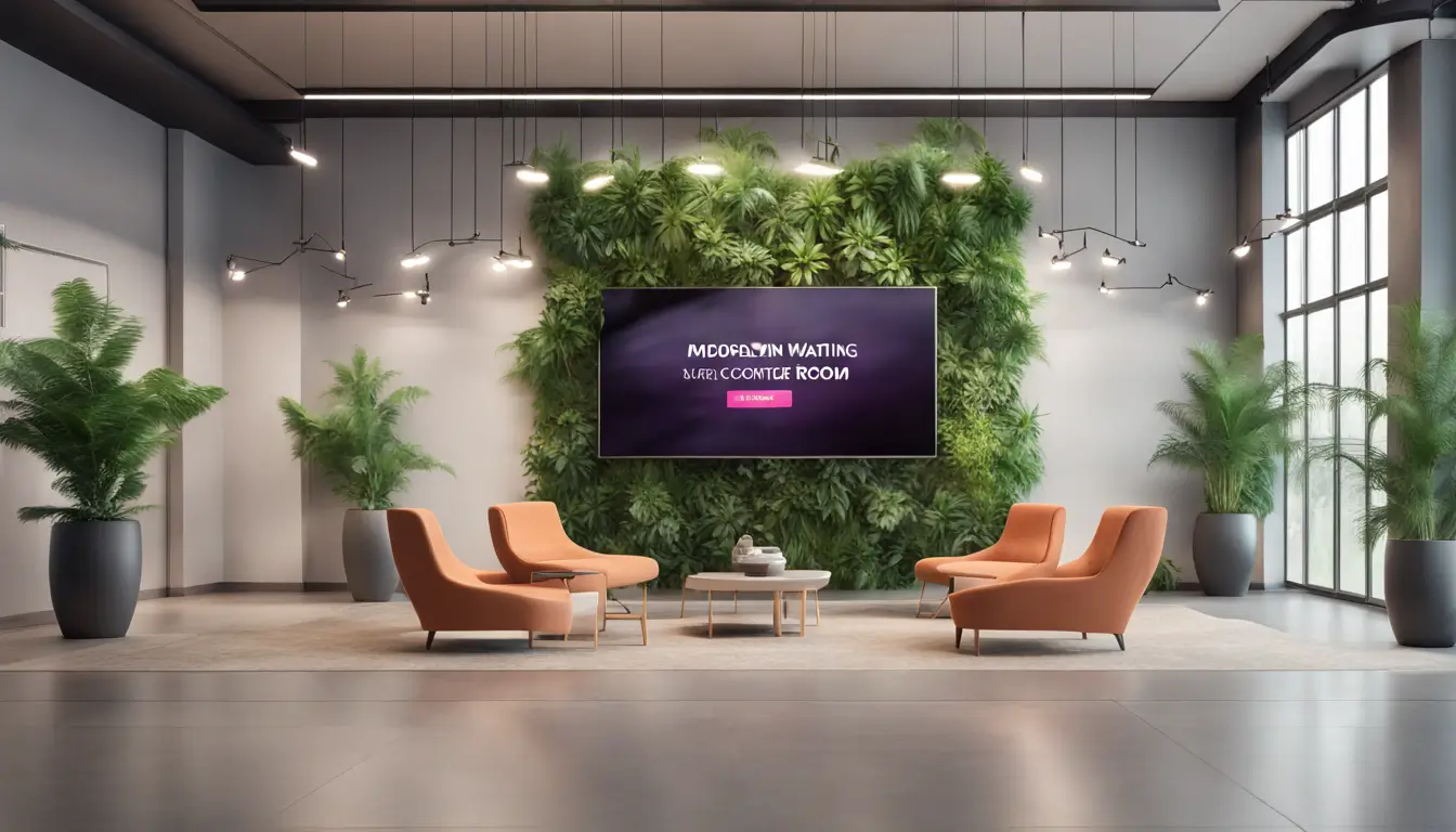 Modern waiting room with comfortable seating, plants, and a large digital signage screen displaying vibrant content, transforming the space.