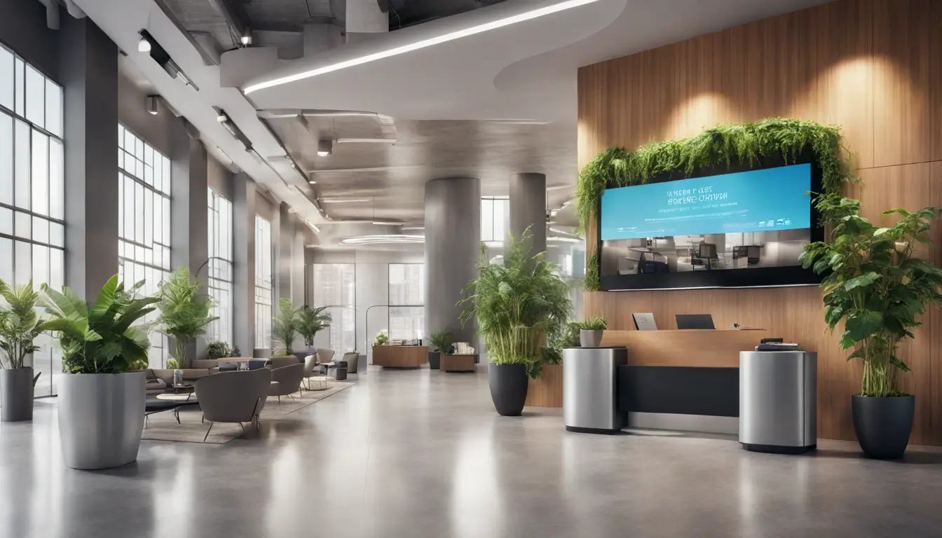 Modern office lobby featuring a large digital signage display, touchscreen kiosks, sleek furniture, and potted plants, illustrating 2024 digital signage trends.