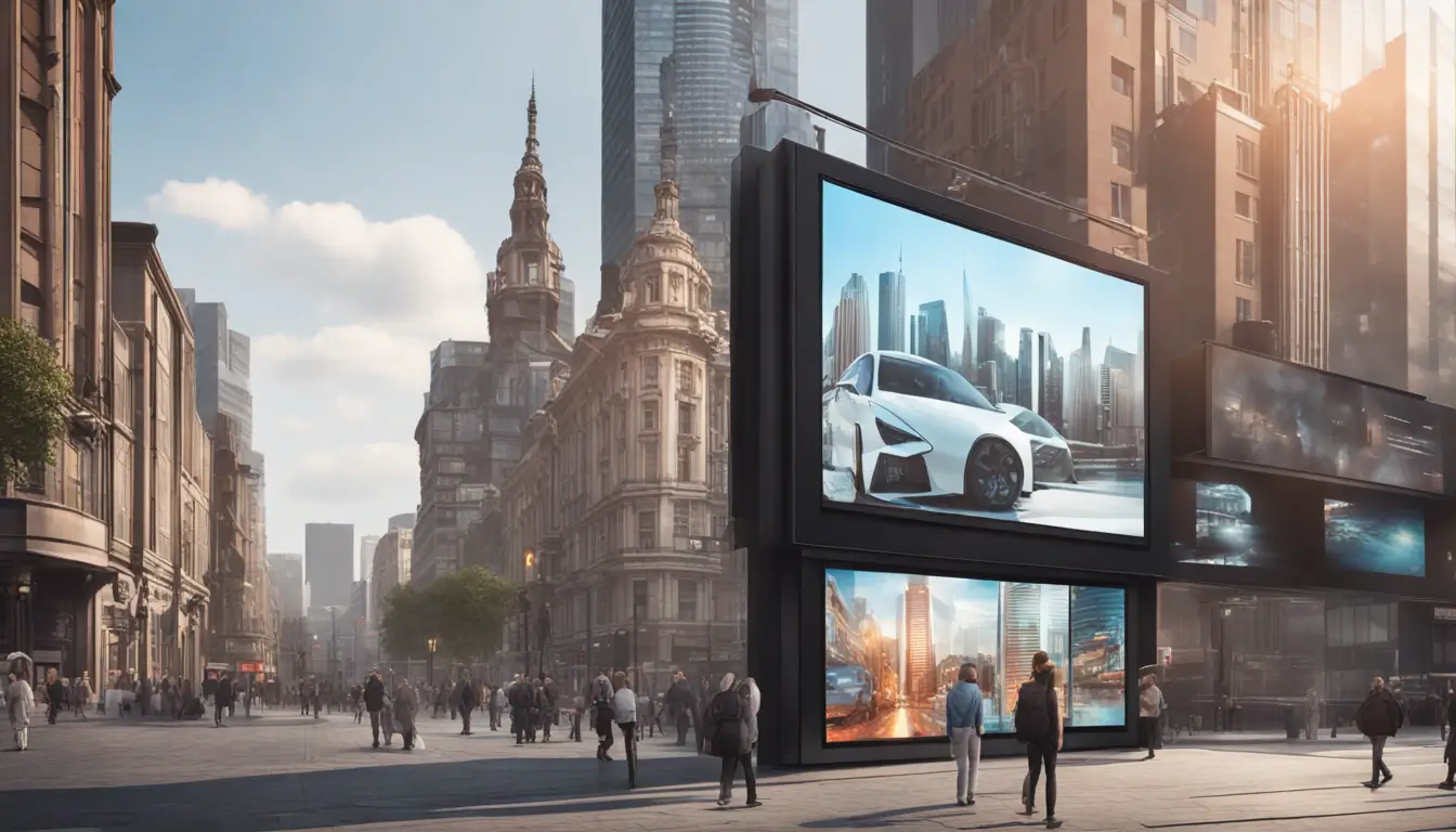 Modern cityscape with digital billboards showing the evolution from static displays to interactive signs, illustrating the progress in digital signage.