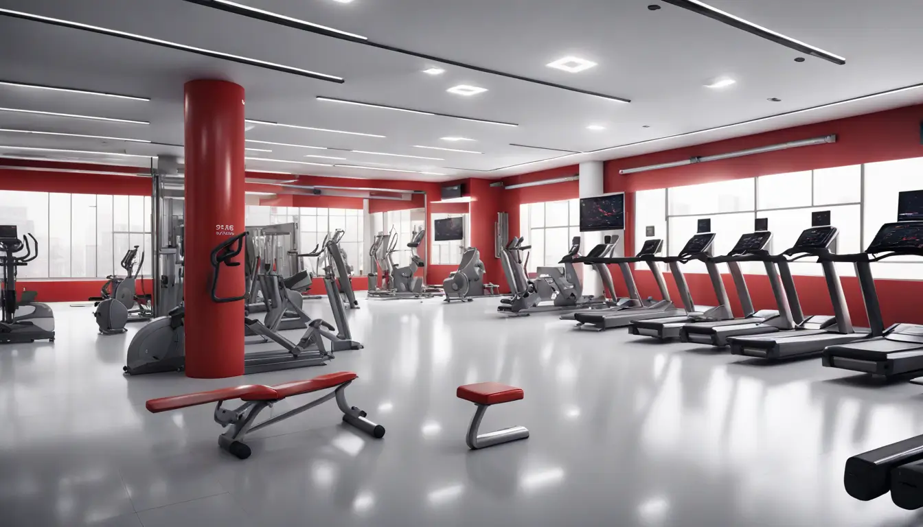 Modern gym showcasing exercise machines, digital signage with workout routines and schedules, people exercising, bright and clean environment.