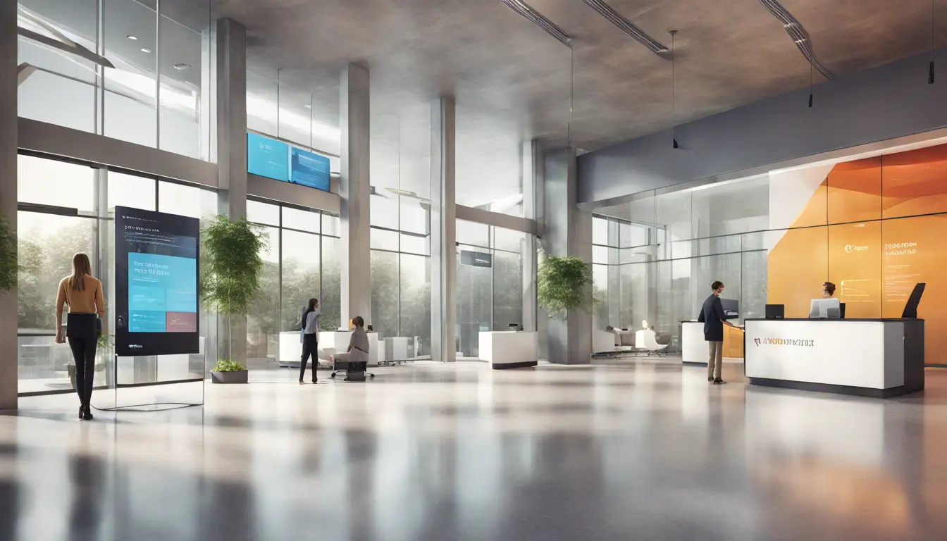 Modern office lobby with sleek digital signage screens displaying vibrant content, people interacting with them, and minimalist furniture.