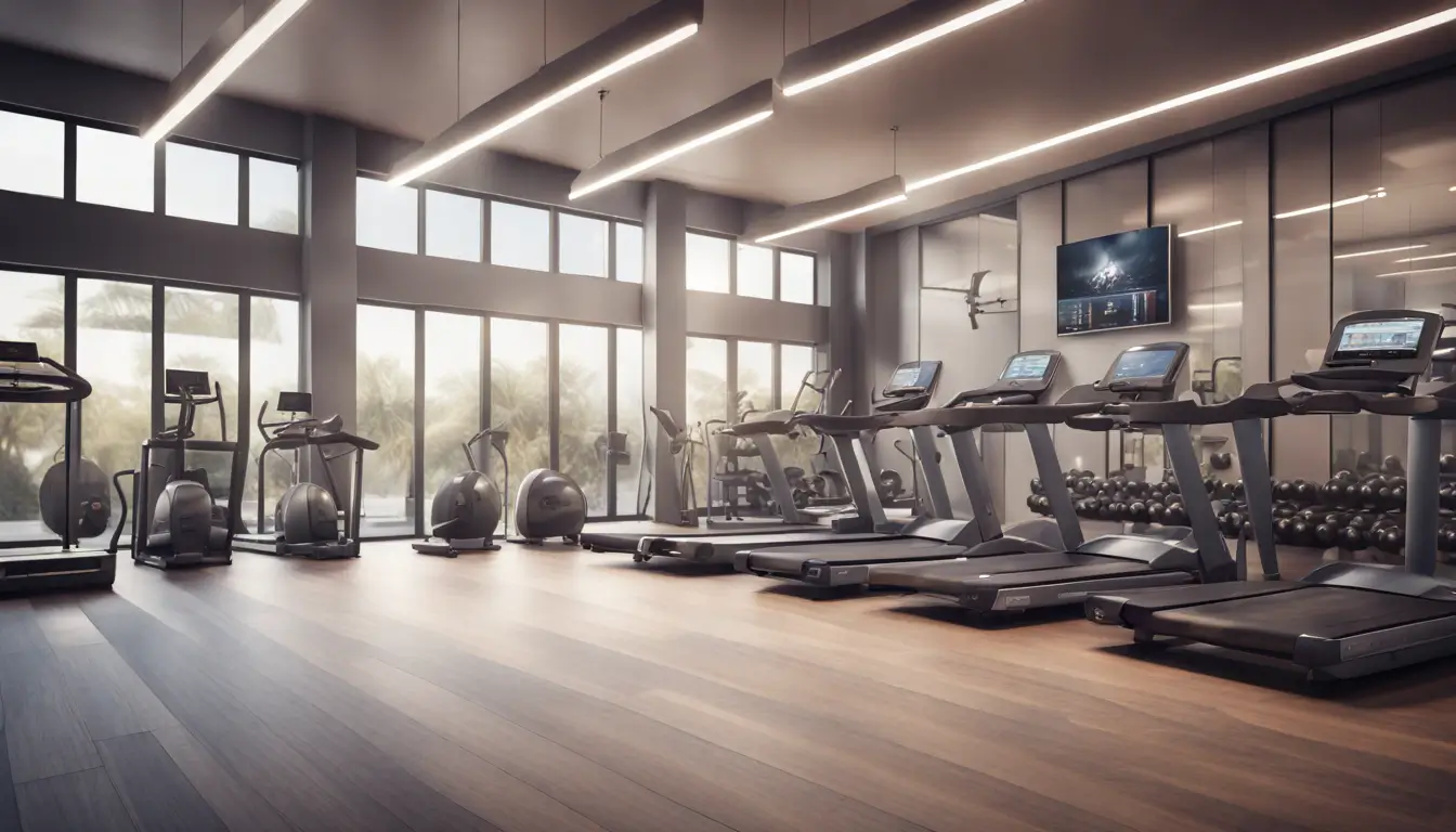 A modern gym featuring workout equipment and a large digital signage screen showing motivational content and schedules, with gym-goers exercising.