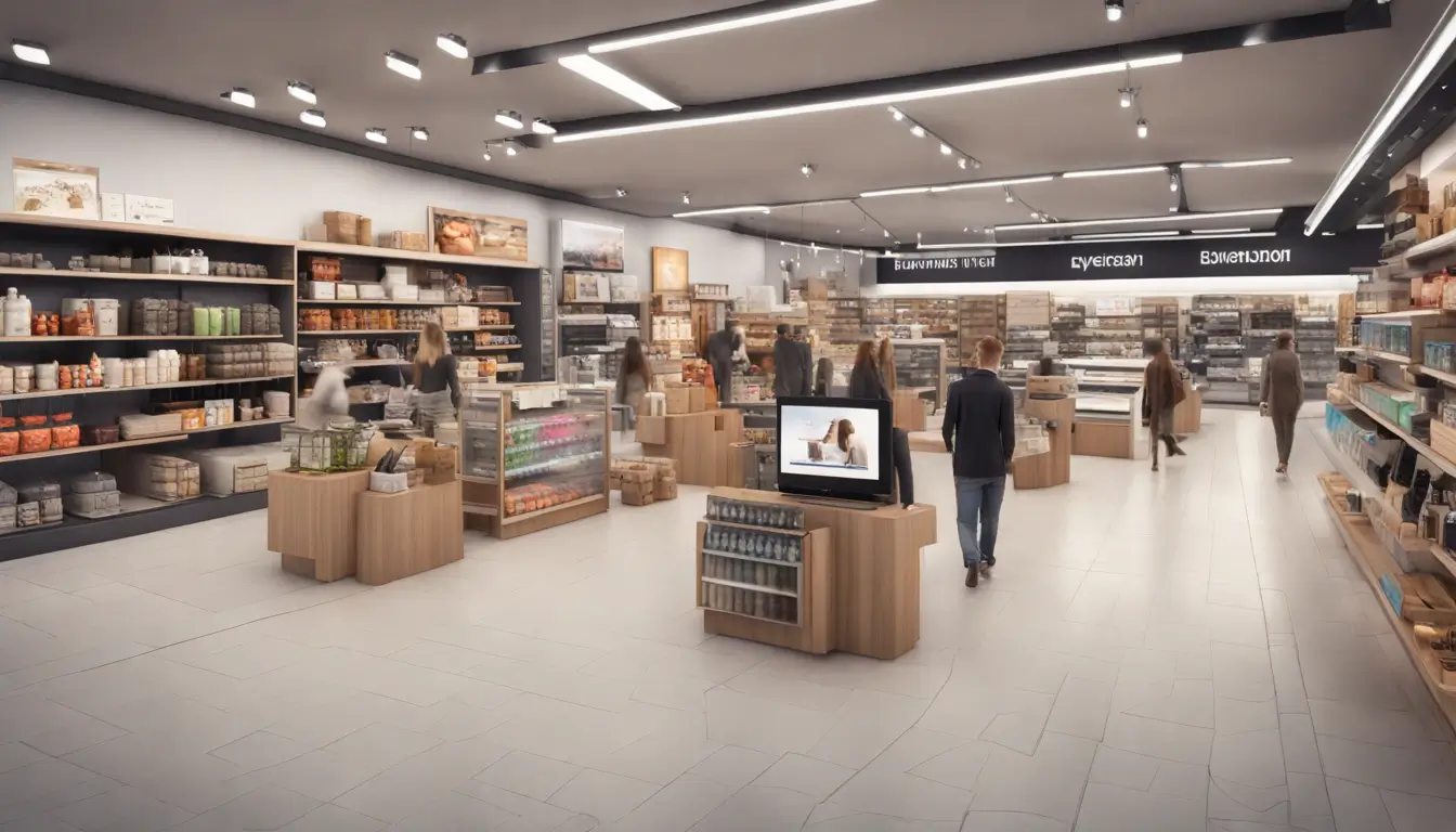 Retail store with customers, digital signage displaying ads, products on shelves, and a cashier at the counter, illustrating how digital signage boosts sales.