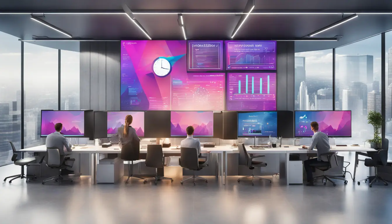 Modern office with a large LED digital signage display showing vibrant graphics and business statistics, employees working on computers nearby.