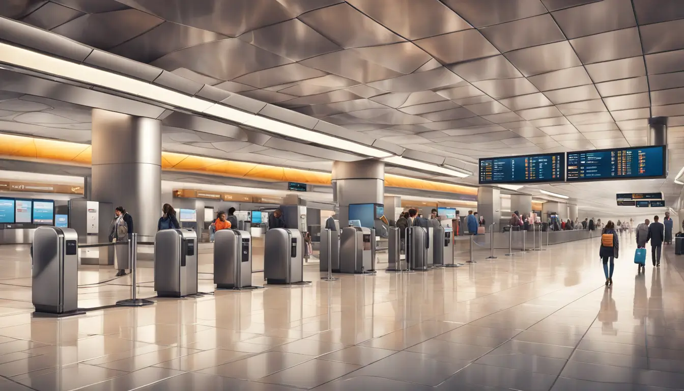 Modern airport terminal with digital signage displays above check-in counters showing flight information and passengers with luggage enhancing travel experience.