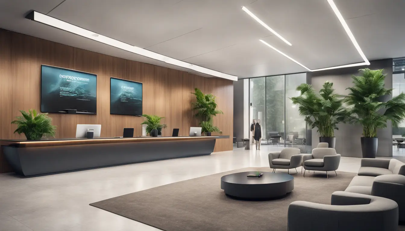 Modern office lobby featuring digital signage screen with dynamic content, surrounded by business professionals, couches, plants, and reception desk.