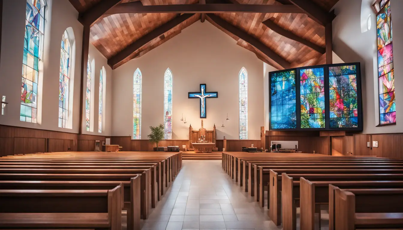 Digital signage in a modern church showing an event poster, with people on pews, stained glass windows, and a cross.