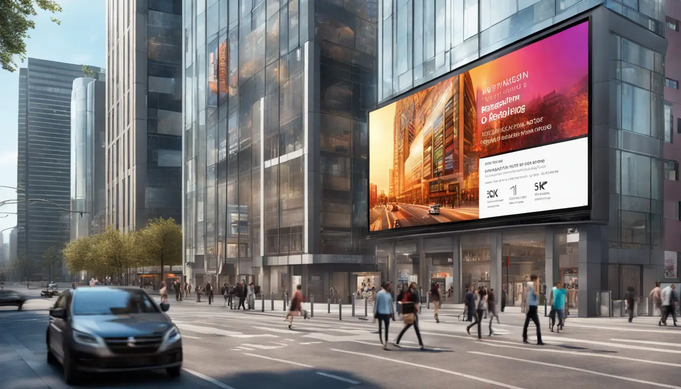 City street with a large digital signage screen on a tall building showing an advertisement; pedestrians and cars visible.