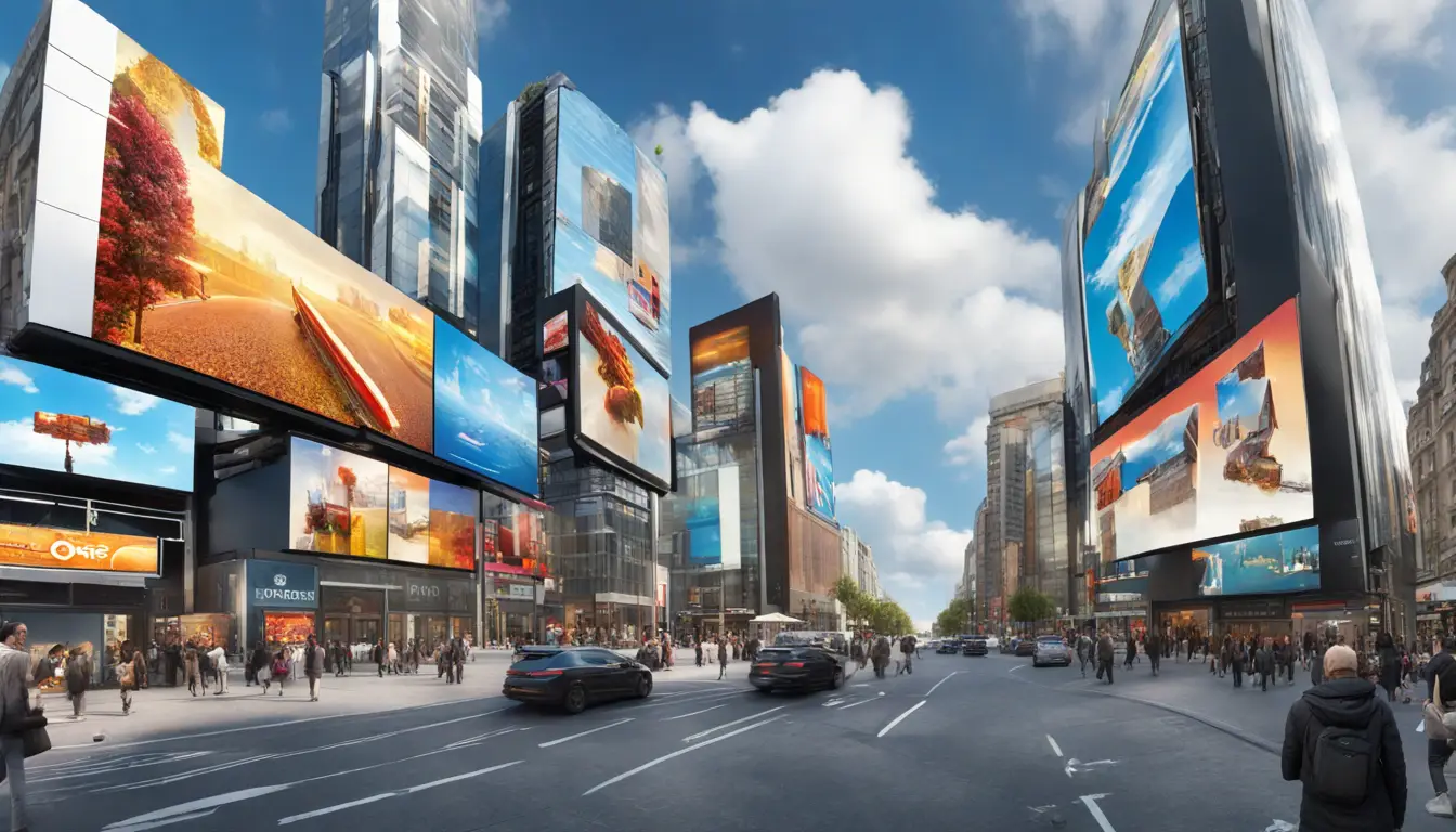 A city street with a large digital billboard, pedestrians, vehicles, modern buildings, and various smaller digital signs.