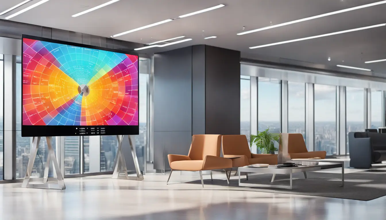 Digital screen in office lobby displaying colorful dashboard interface with weather, calendar, and news widgets.