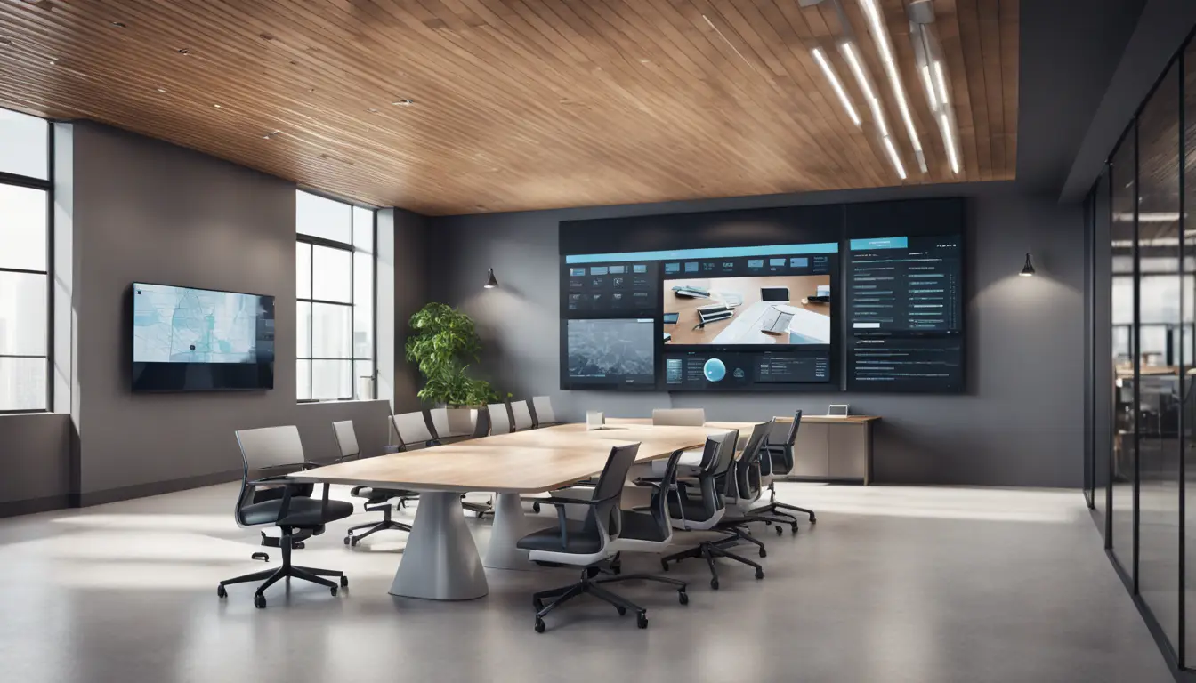 Modern office with a digital signage display showing a business dashboard, a conference table with laptops and paperwork, and people discussing strategies.