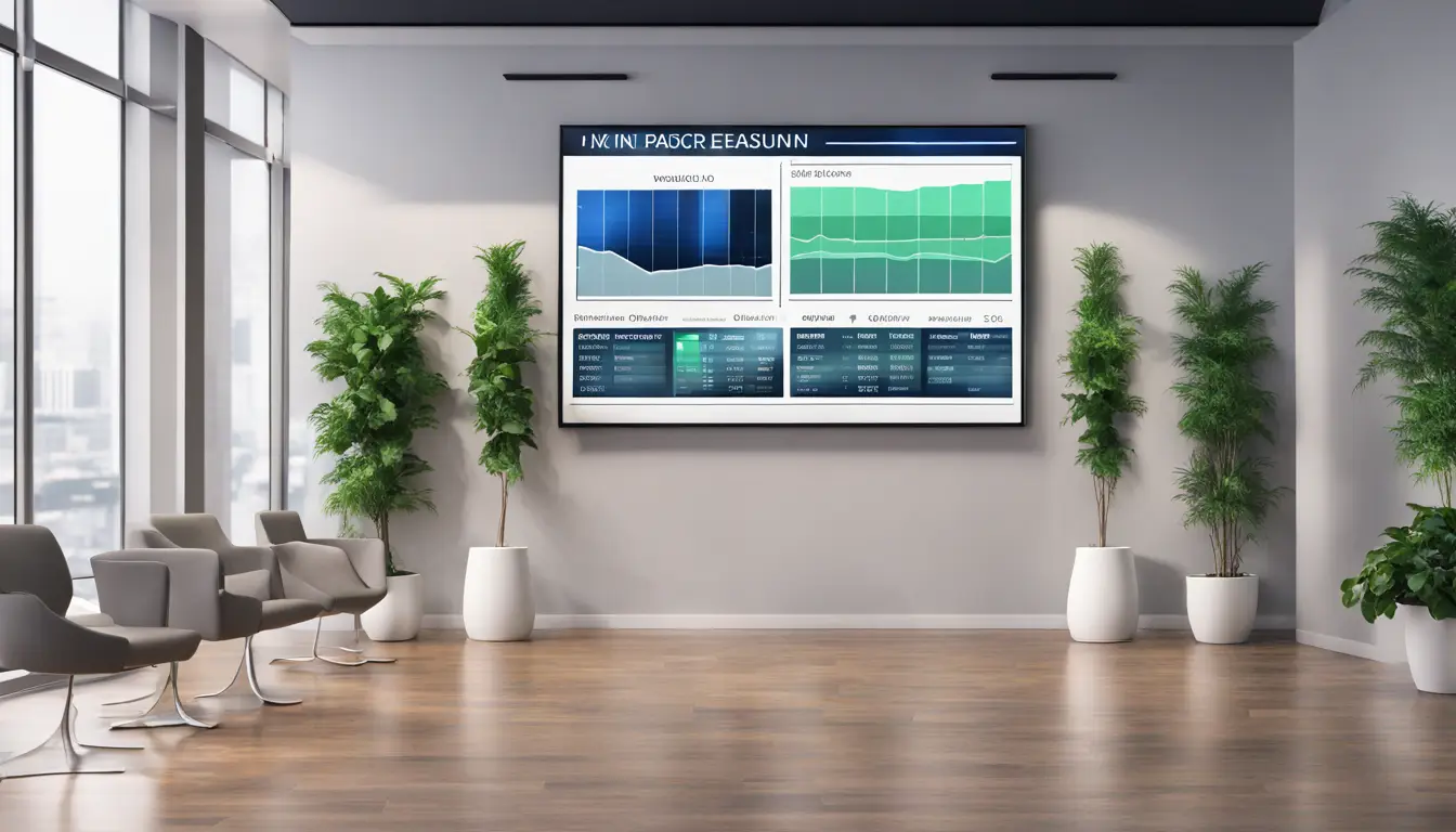 Digital signage screen in office showing charts and schedules with office furniture around