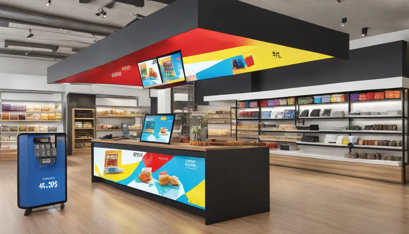 Digital signage display showing a colorful advertisement at a retail store point of sale counter with shopping bags and cash register.