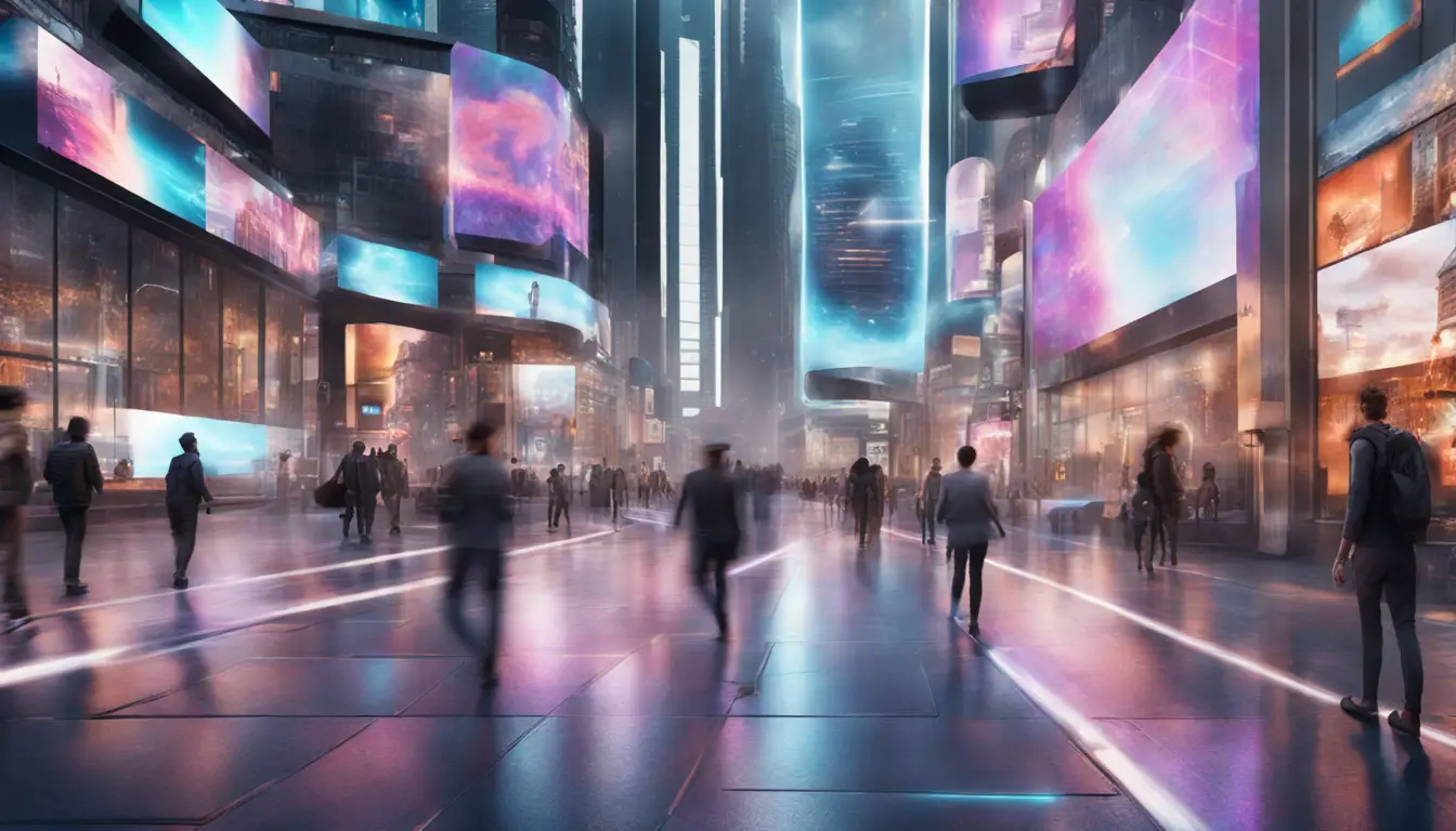 Futuristic city street with large animated digital signage, holographic displays, glass buildings, and people.