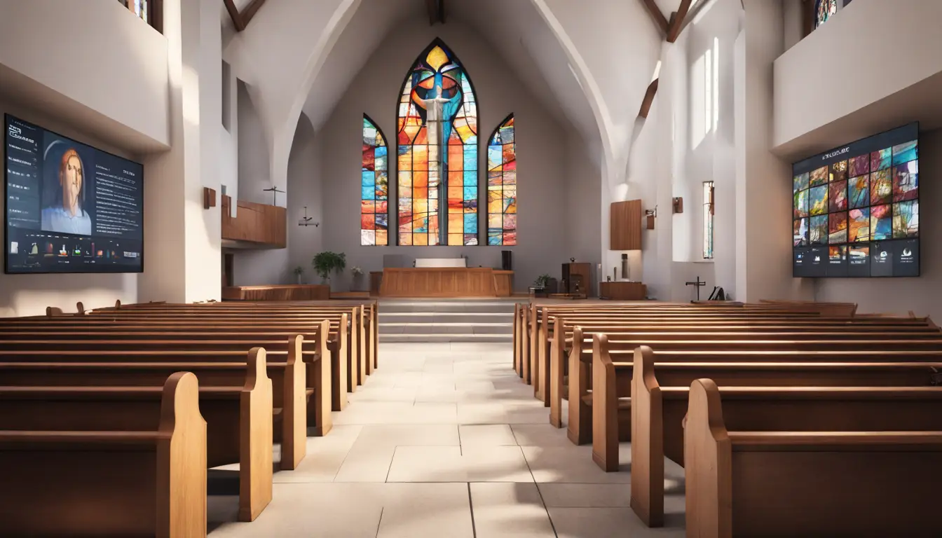 Modern church interior with wooden pews, digital signage at the altar, stained glass windows, and engaged congregation.