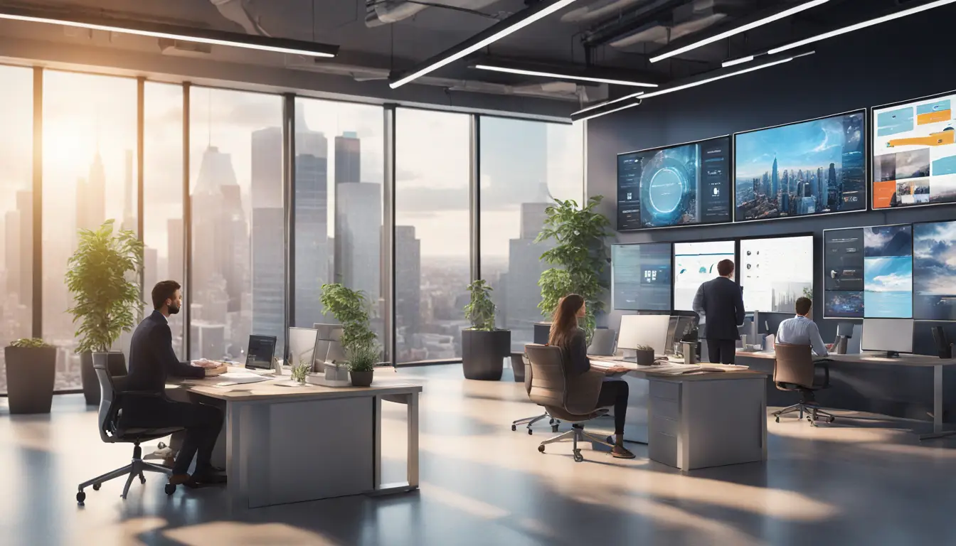 People in business attire discussing in a modern office with a large digital signage screen displaying a vibrant dashboard.