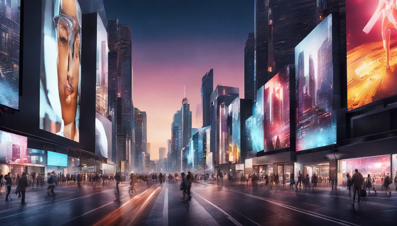 Futuristic city street at night with four large digital signage billboards displaying graphics and trends, modern buildings, and people walking by.