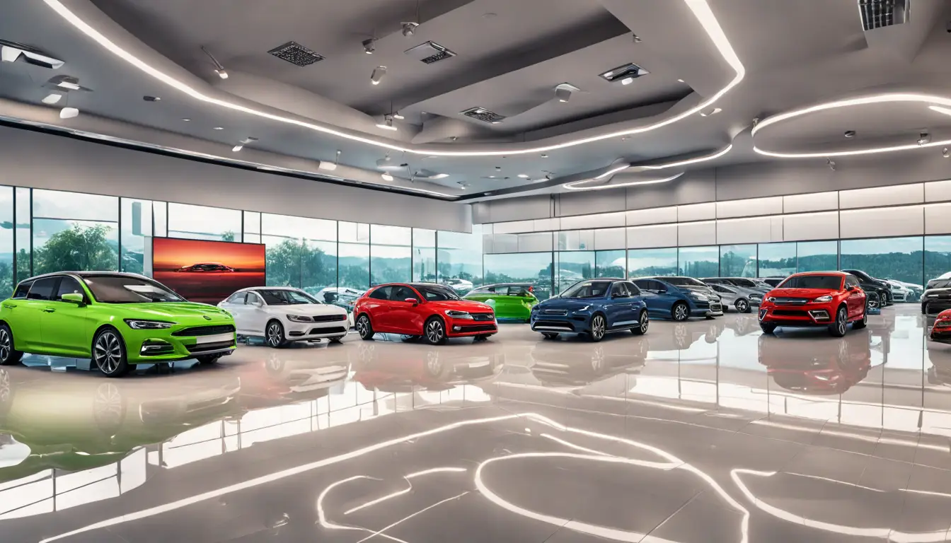 Car dealership showroom with digital displays and new cars under bright lighting.