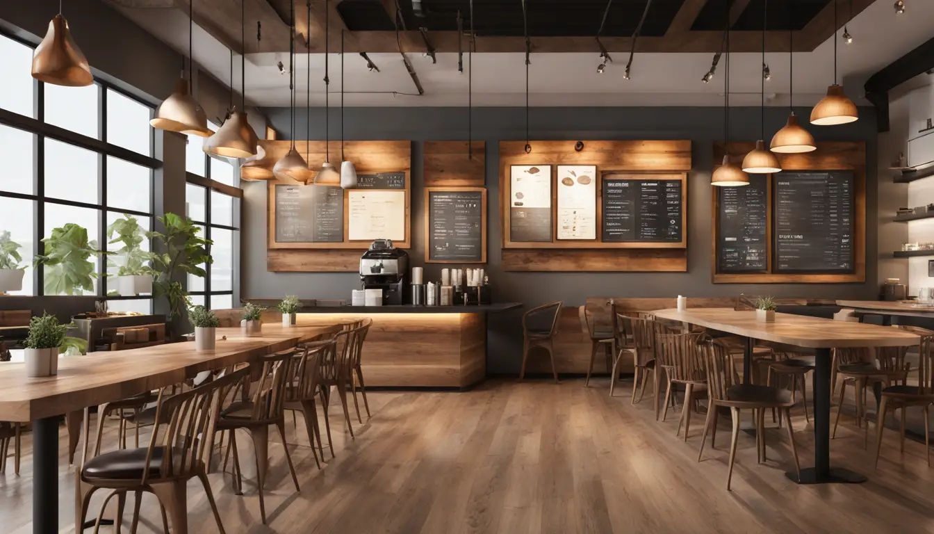 Digital menu board in coffee shop with customers, wooden tables, and pendant lights.