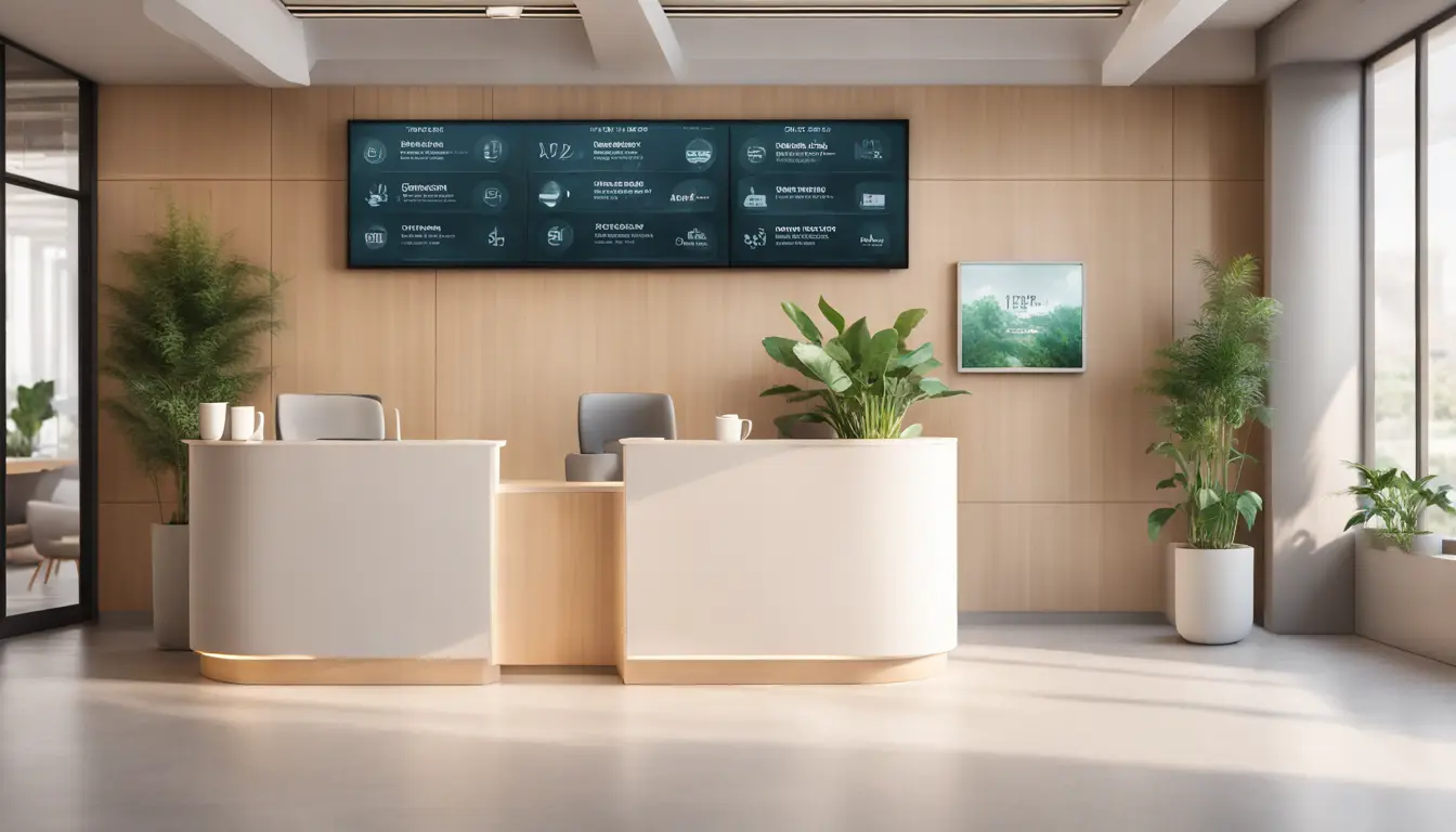 Digital signage screen in a medical clinic lobby showing health tips above a wooden desk with plants and armchairs.