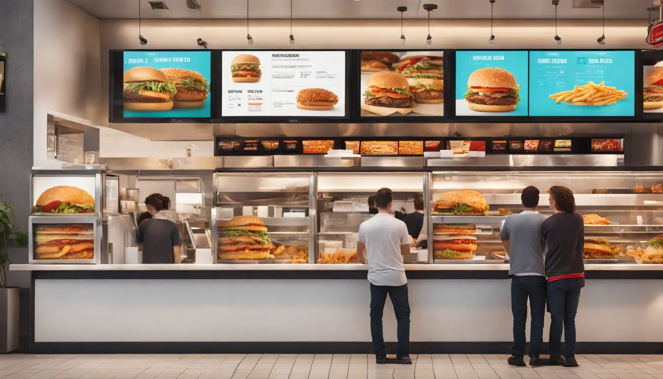 Customers in line at fast food restaurant with digital menu board showing burgers, fries, drinks, and ordering kiosks visible.