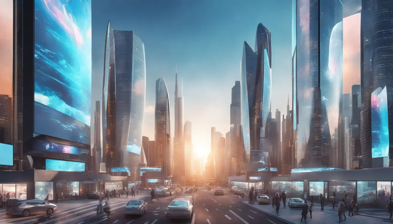 Futuristic cityscape with vibrant holographic displays on a digital signage panel amid glass skyscrapers.