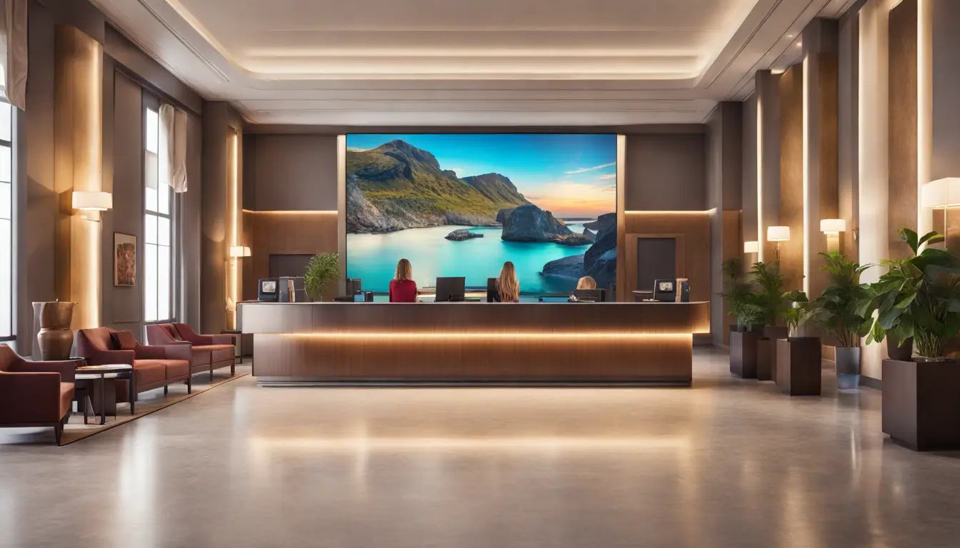 Hotel lobby with digital signage displaying local attractions, guests at a reception desk, modern decor.