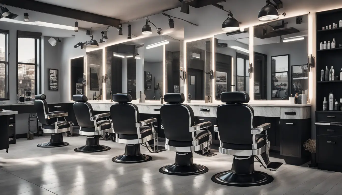 Modern barbershop with digital screen displaying haircut styles, surrounded by chairs and styling tools in muted colors.