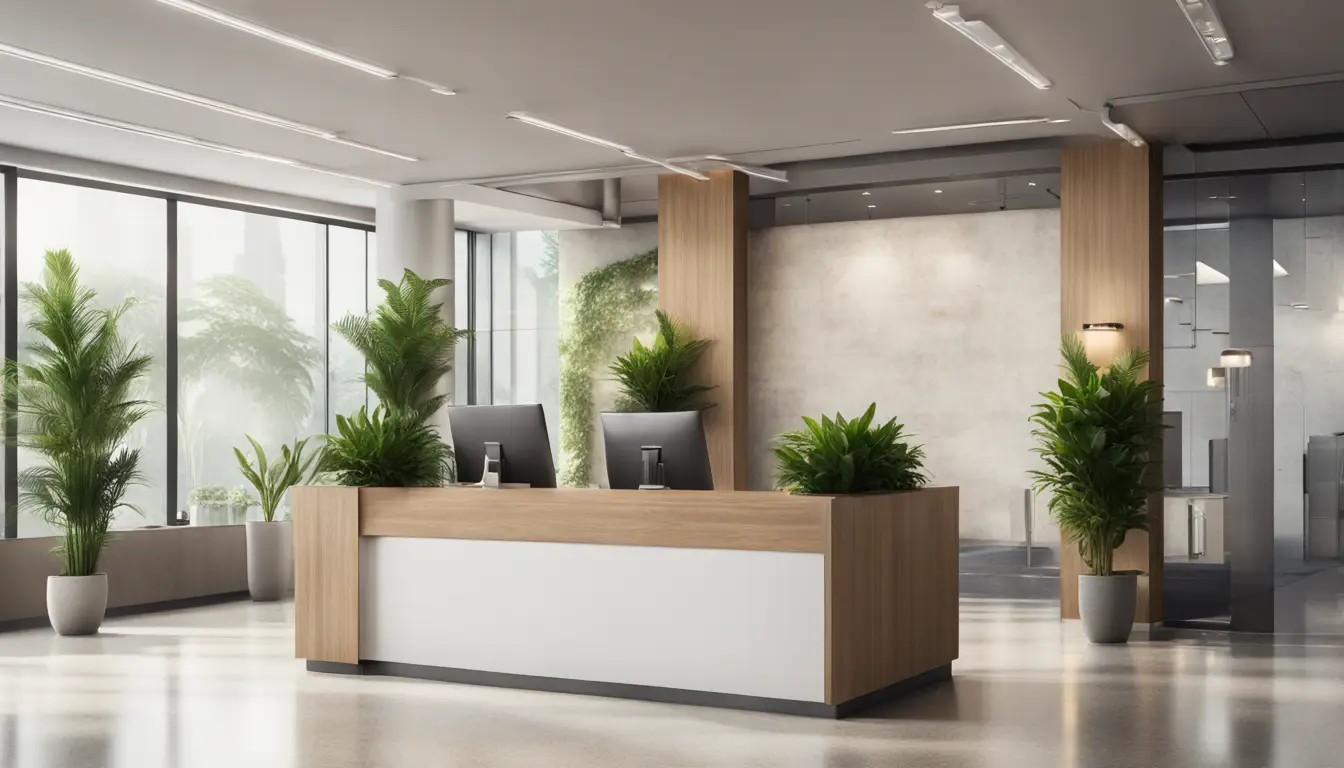 Office lobby with digital screens, desk, modern furniture, and plants in natural light.