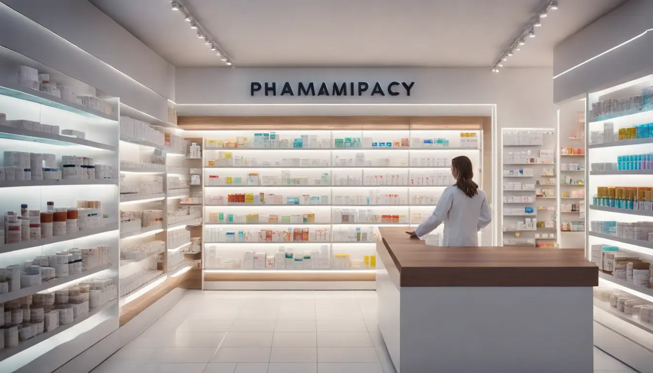 Pharmacy interior with digital signage showing health tips and pharmacist helping customer at the counter.