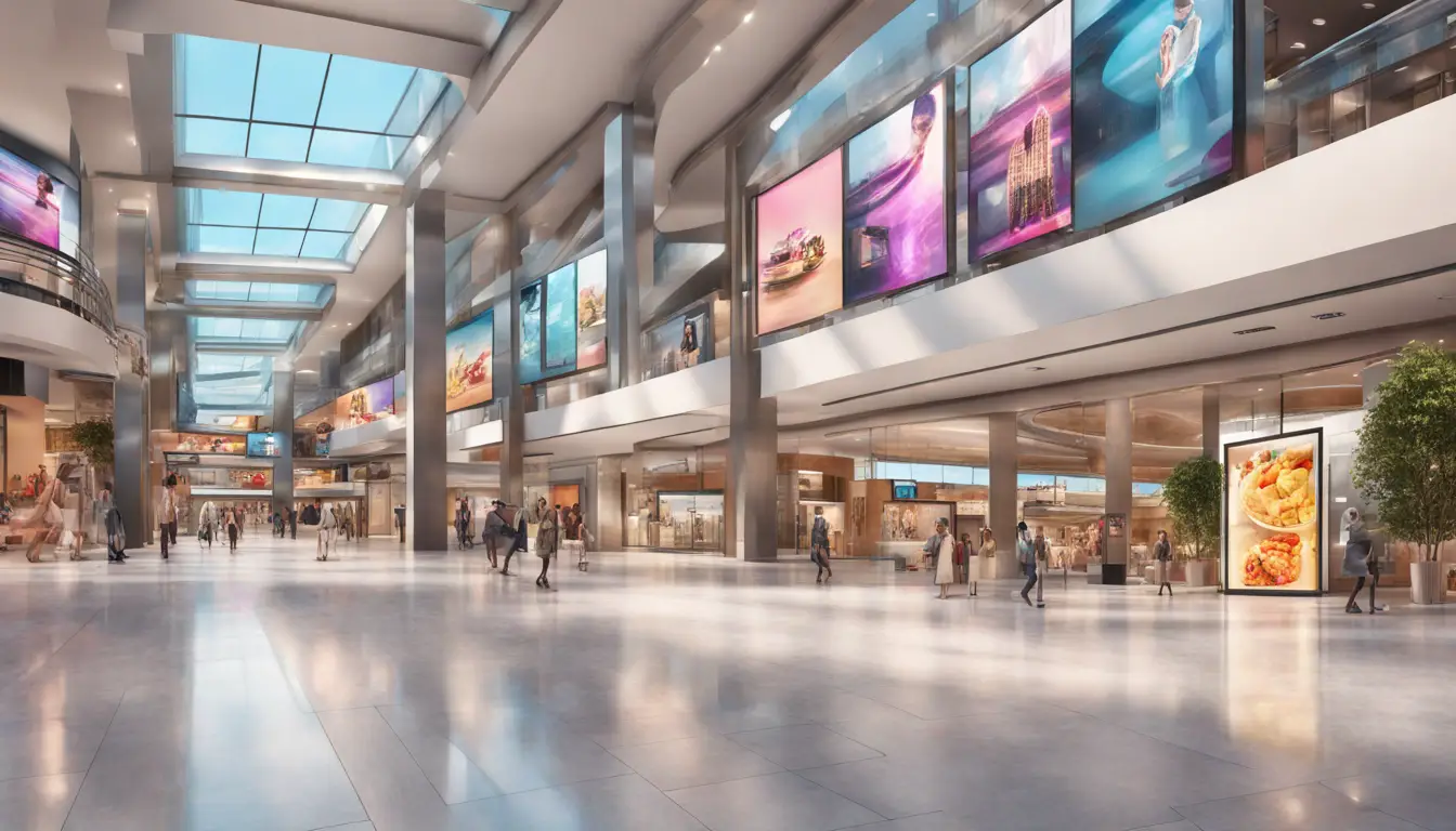 Shopping center interior with digital signage screen displaying ads, surrounded by diverse shoppers and modern architecture.